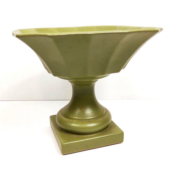 Vintage Hyalyn Pottery Square Pedestal Bowl Planter Green MCM Decor Scalloped - Picture 1 of 7